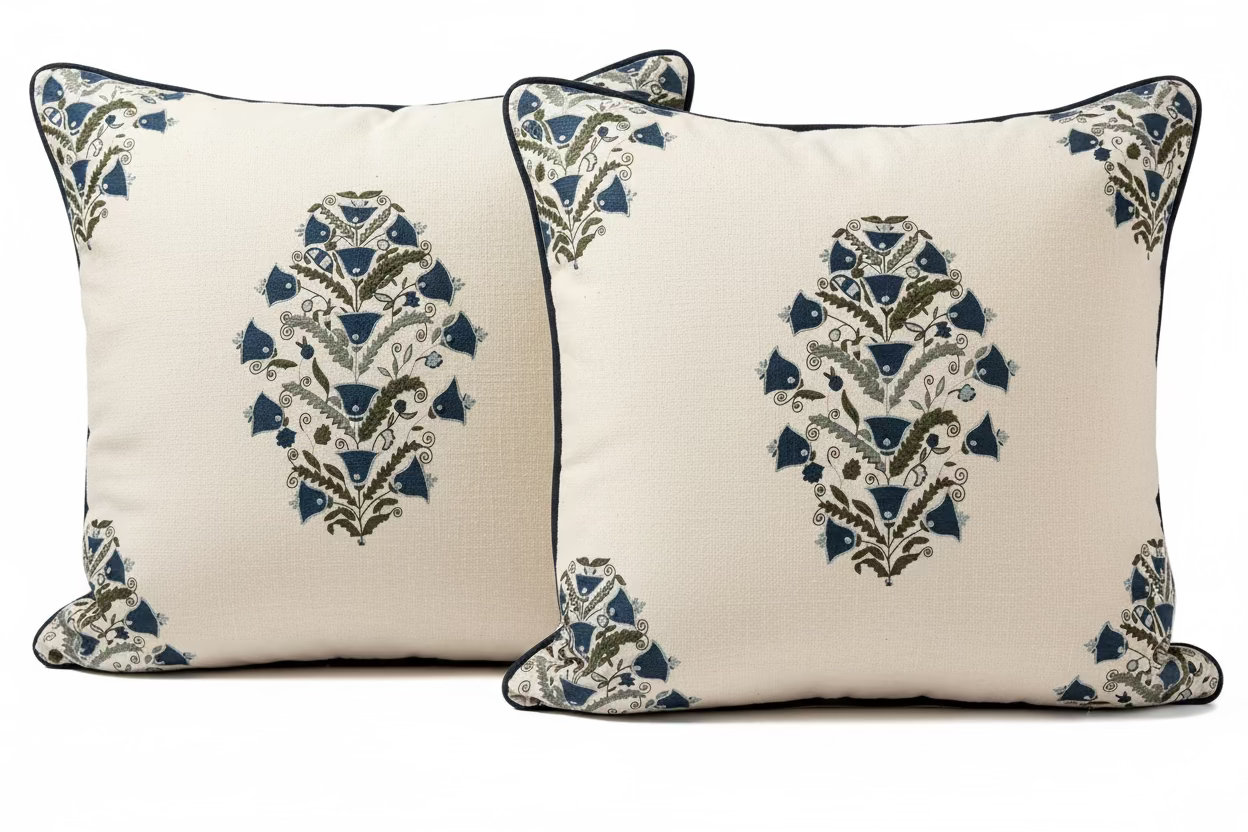 Pair of Blue and Green Indian-inspired Floral Pillows