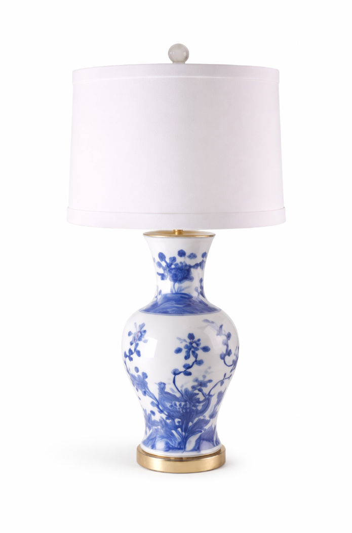 Blue and White Vase Lamp with Bird and Flowers w/Brass Base