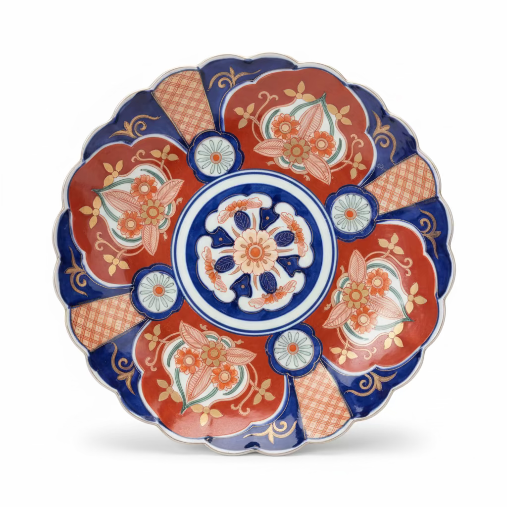 Antique Japanese Imari Scalloped Plate with Flowers