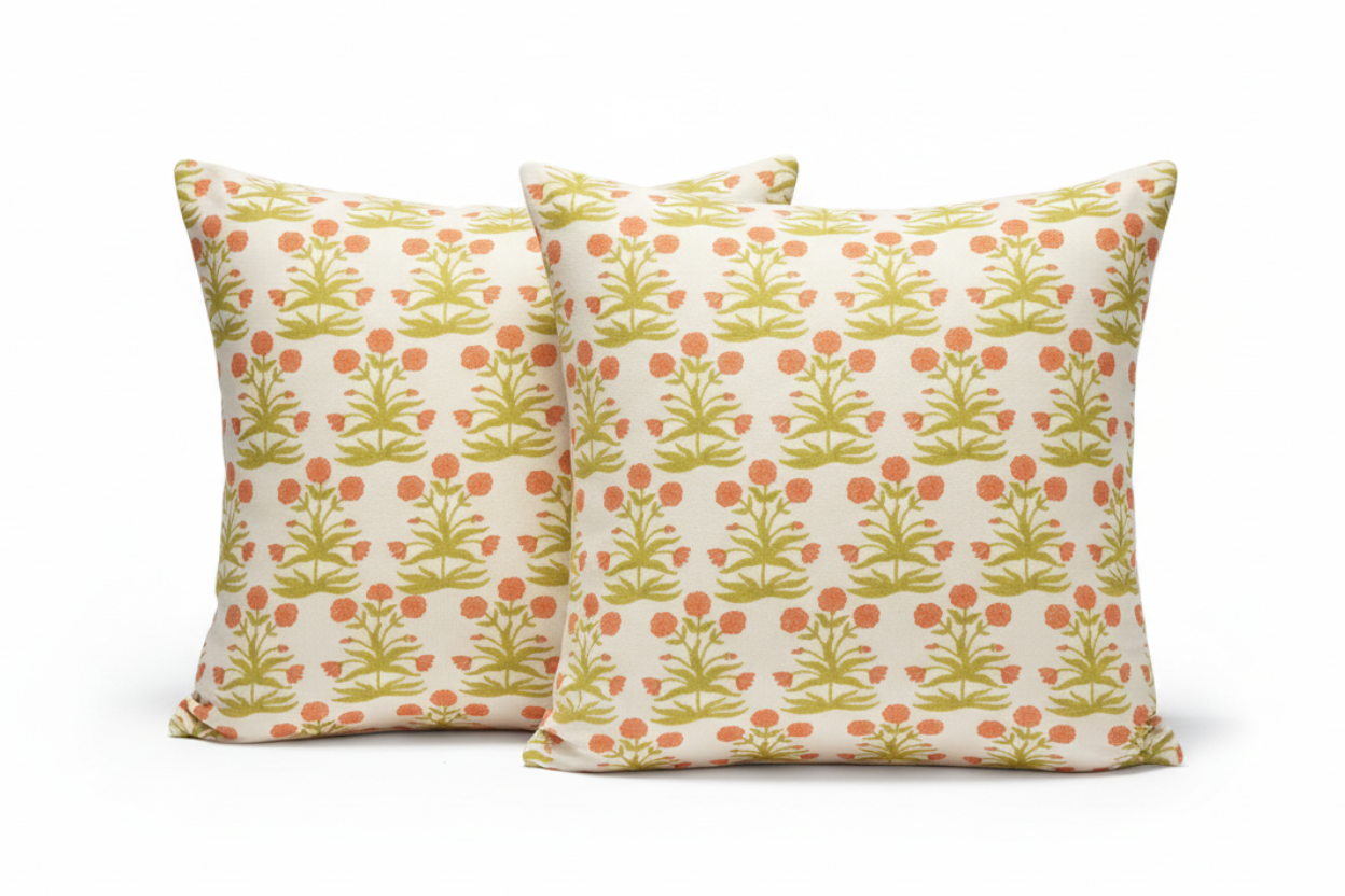 Pair of Green and Orange Floral Pillows