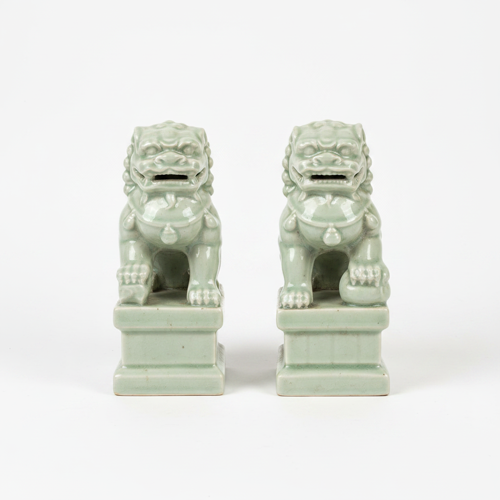 Pair of Celadon Foo Dogs