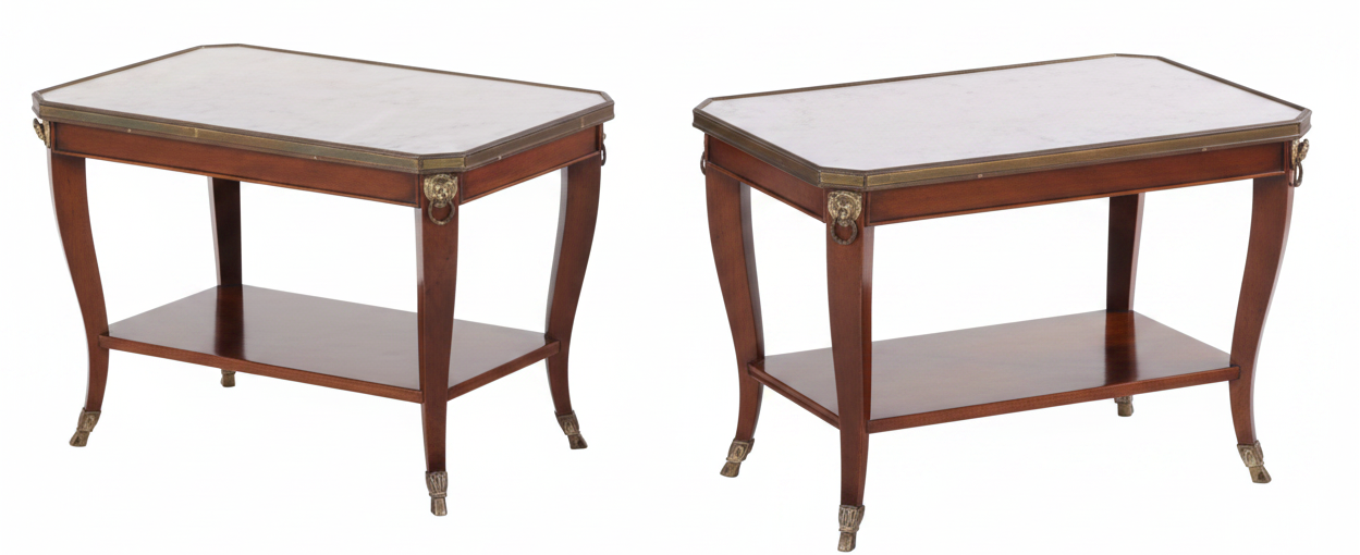 Pair of Directoire Style Mahogany Marble Top End Tables