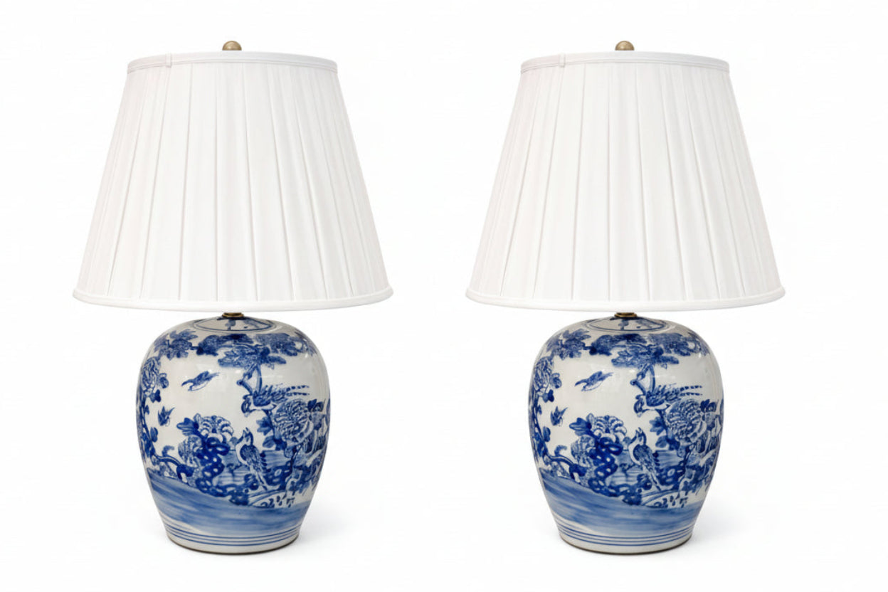 Pair of Blue and White Melon Jar Lamps with shades