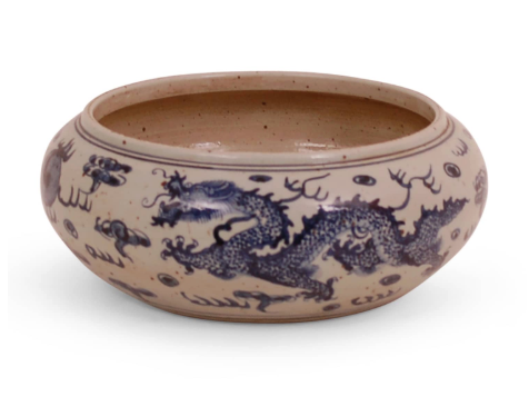 14″ Foot-stomped Blue and White Oval Pot