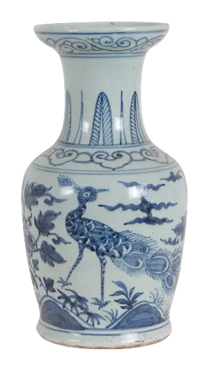 Foot-Stomped Blue and White Peacock Vase
