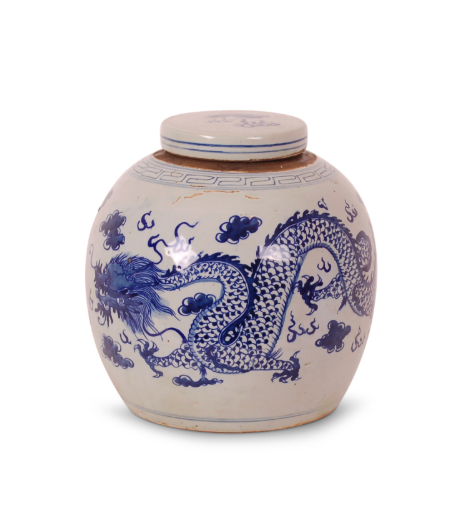 12" Blue and White Dragon Jar