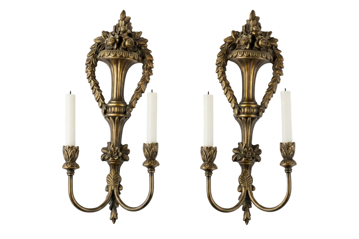 Pair of Mid-Century Wood and Metal Cornucopia Wall Sconces