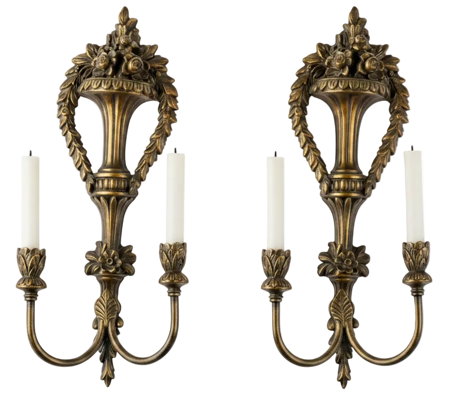 Pair of Mid-Century Wood and Metal Cornucopia Wall Sconces