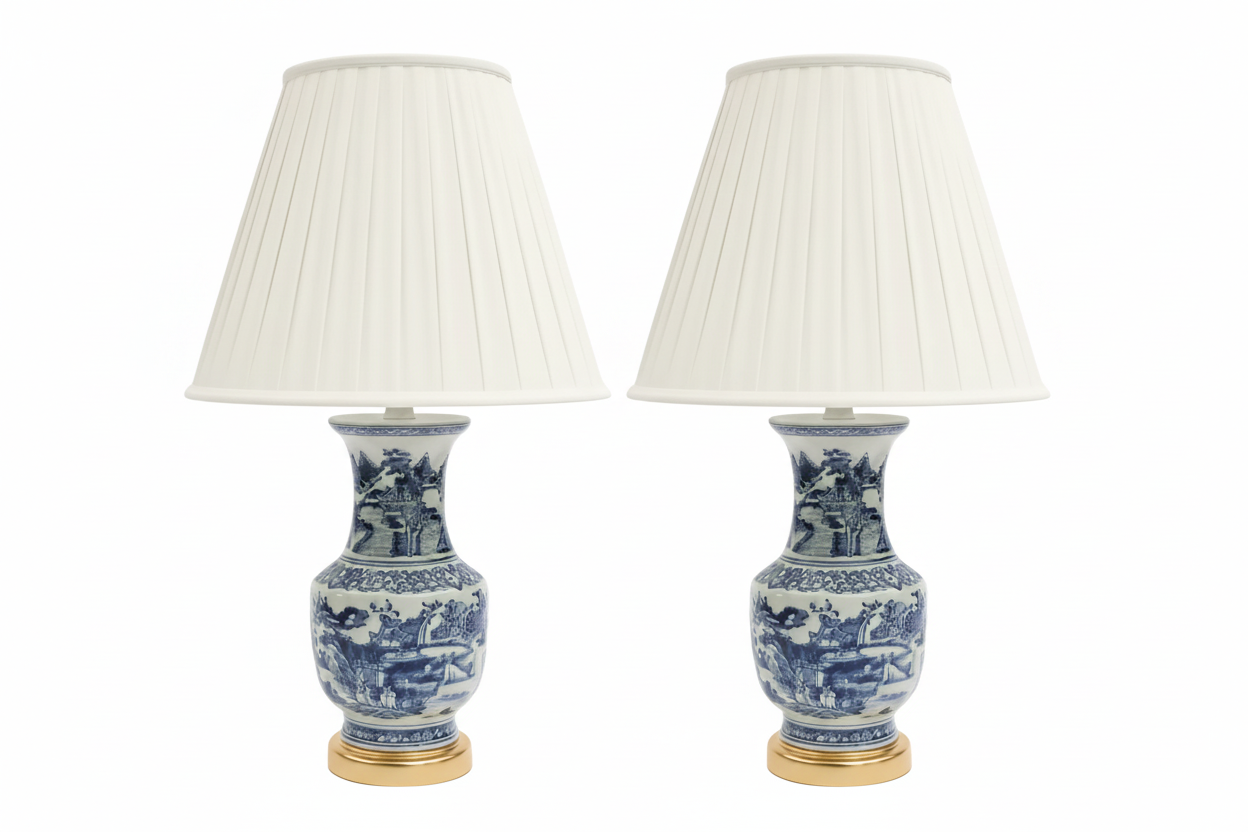 Pair of Blue and White Lamps with Pleated Shades