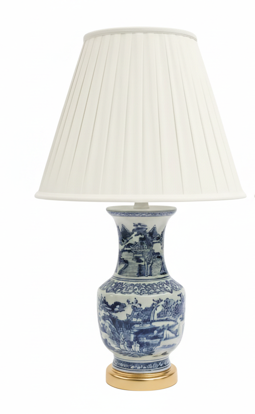 Blue and White Lamp with Pleated Shade