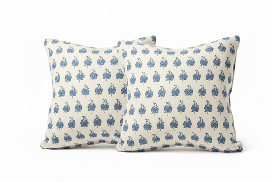 Pair of Blue and Cream Floral Pillows