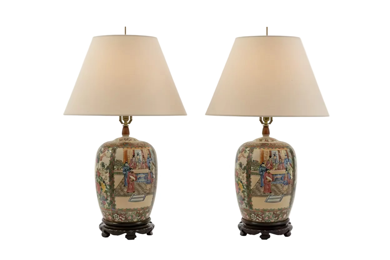 Pair of Chinese Rose Famille Lamps