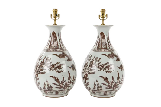 Pair of Brown & White Yuhuchun Lamps