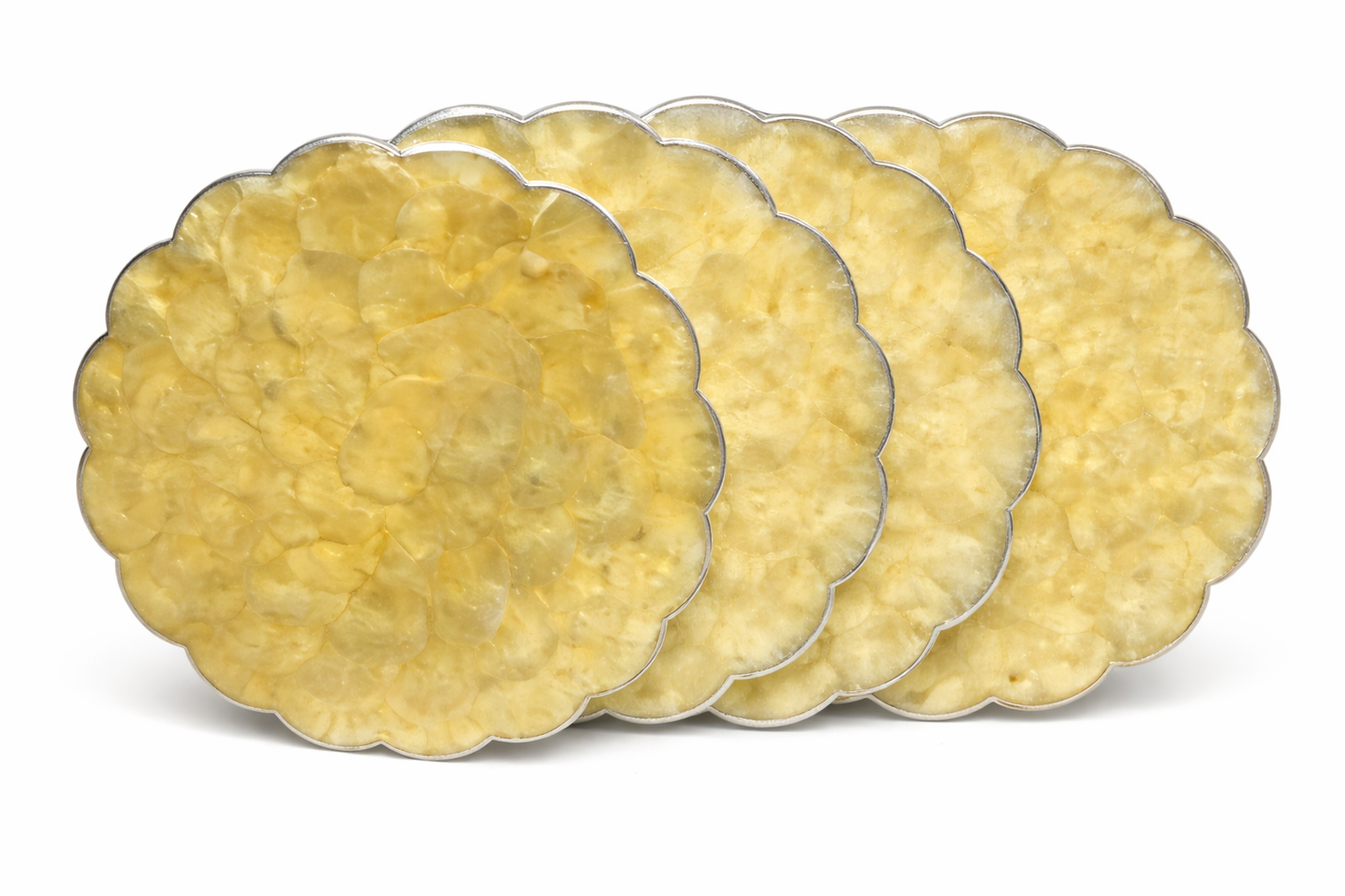 Set of 4.White Capiz/Silver Charger