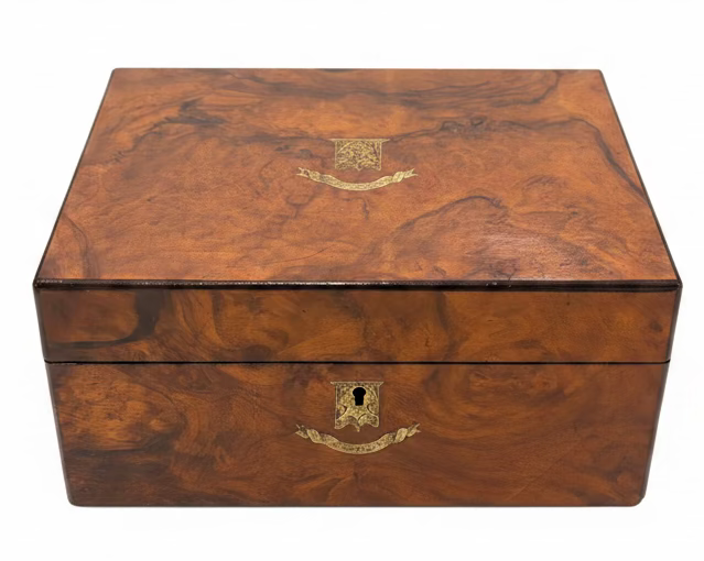 Antique Burl Walnut Crested Wooden Box