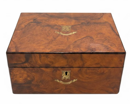 Antique Burl Walnut Crested Wooden Box