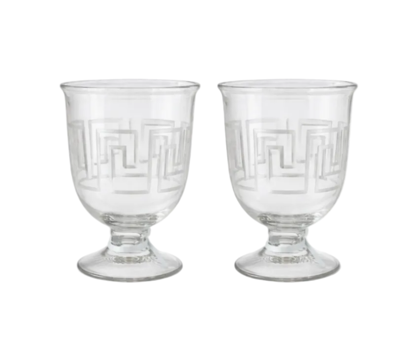 Set of 2 Medium Glass Greek Key Hurricanes