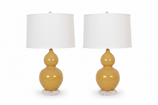 Pair of Empire Yellow Crackle Double Gourd Vase Lamps with Plain Shades