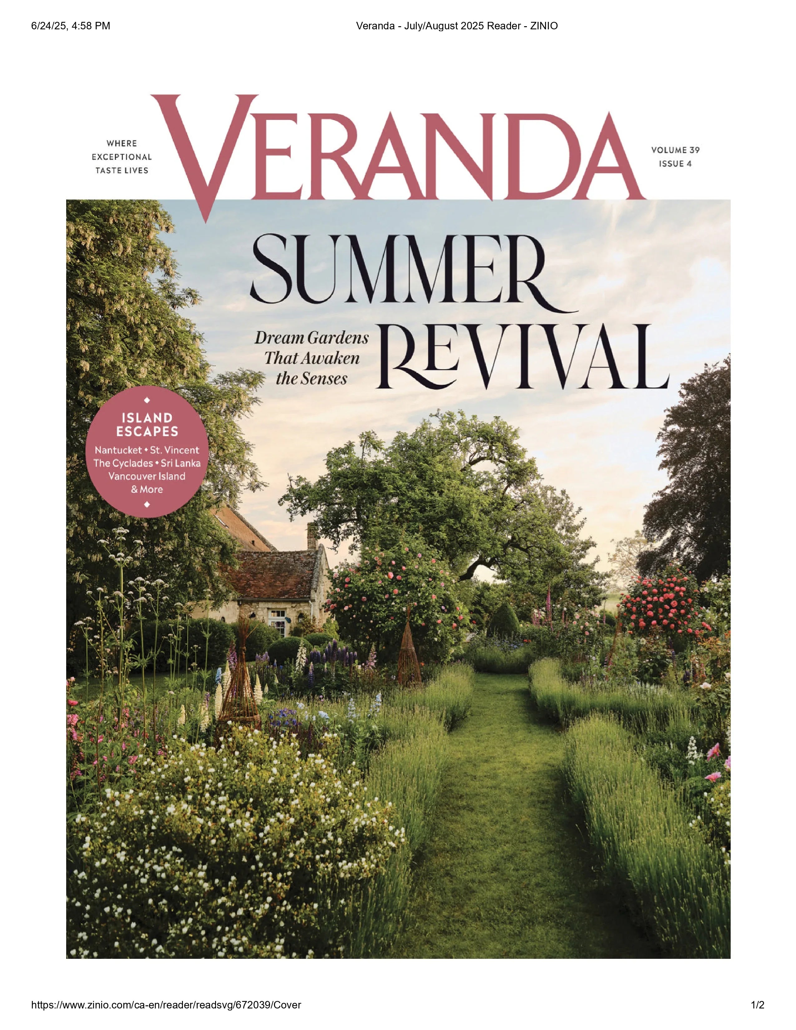 Veranda magazine cover featuring a garden scene with 'Summer Revival' text