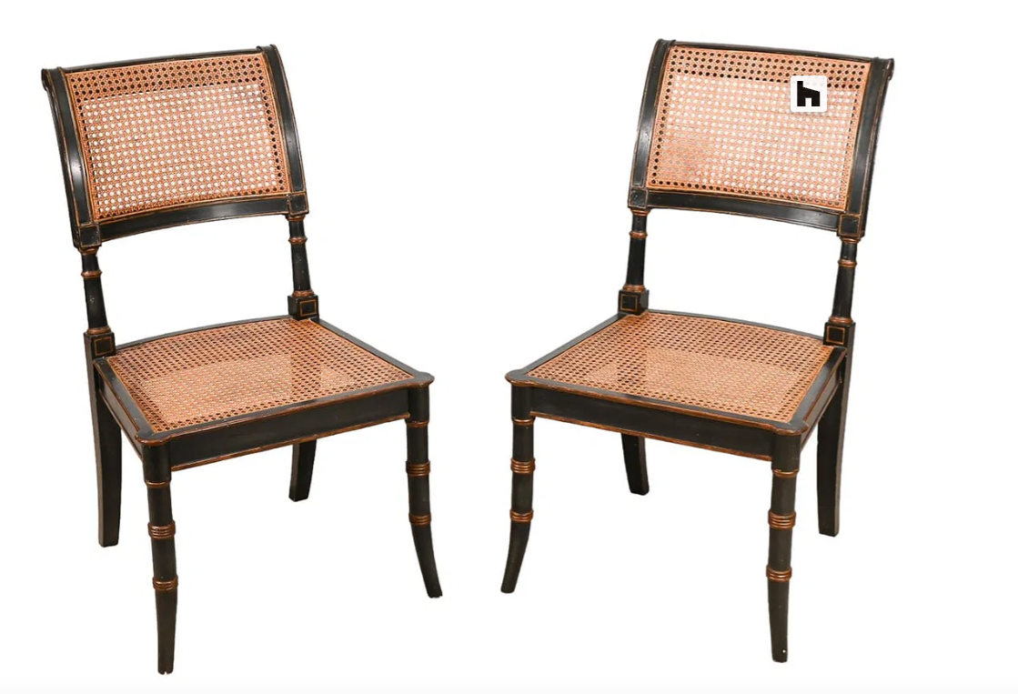 Pair of Regency Style Cane and Black Lacquer Chairs