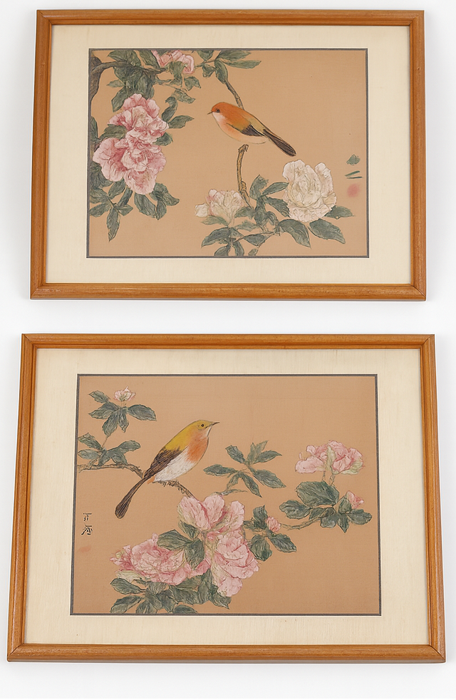 Pair of Vintage Chinese Silk Bird & Flower Hand-Painted Paintings